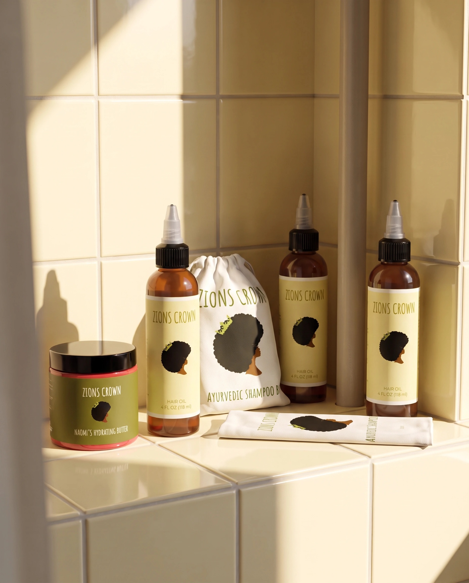 Zions Crown hair oil bottles, hydrating butter jar and shampoo bar pouch on sunlit tile